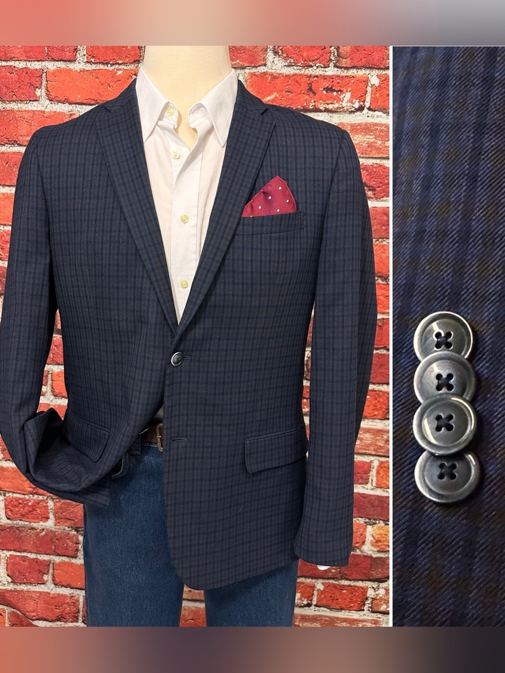 BEN SHERMAN BLAZER MENS SIZE 44 BLUE BURGUNDY CHECK SPORT COAT JACKET